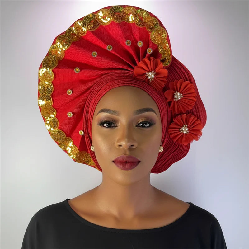 Nigerian gel headgear, with stone bead, already made auto, turban, afro aso ebi gel aso oke, wide brim headgear 7L111802