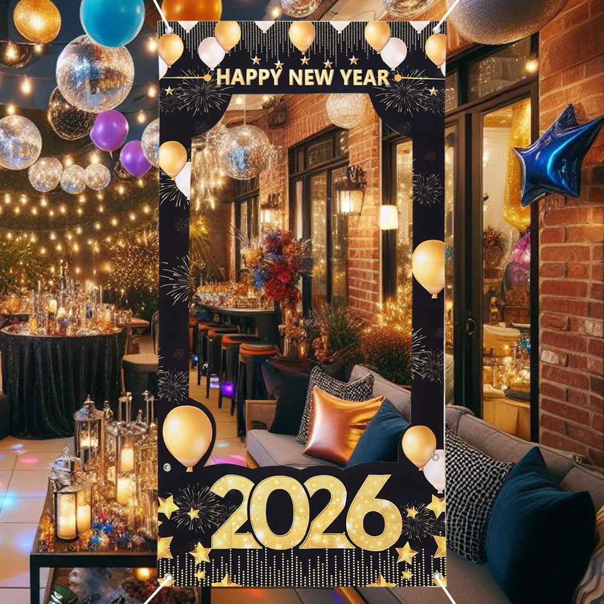 2026 Happy New Year Photo Frame Photo Booth Props Firework Shiny New Year Background Prop Golden Balloon Photography Backdrop