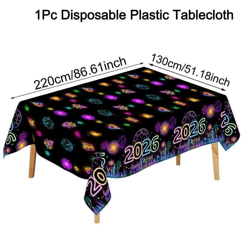 2026 Happy New Year Tablecloth Plastic Table Cover Happy New Year Decorations 2026 for Home Kitchen Dinning Room Table Decor