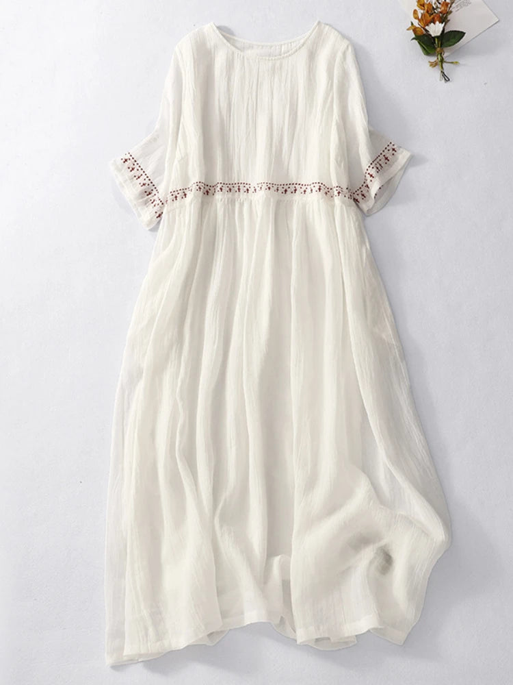 Summer New Dresses for Women LOOSE Embroidery Vintage Dress Streetwear Long Dresses Women Clothing Robe O-Neck White Dress