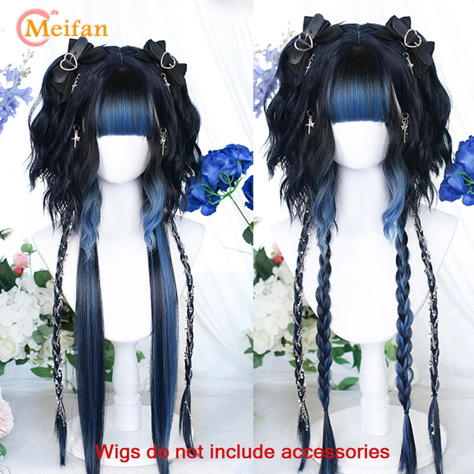 MEIFAN Synthetic Long Straight Lolita Wig with Bang Red Ombre Black Cosplay Party Halloween Christmas Wavy Curly Harajuku Wig