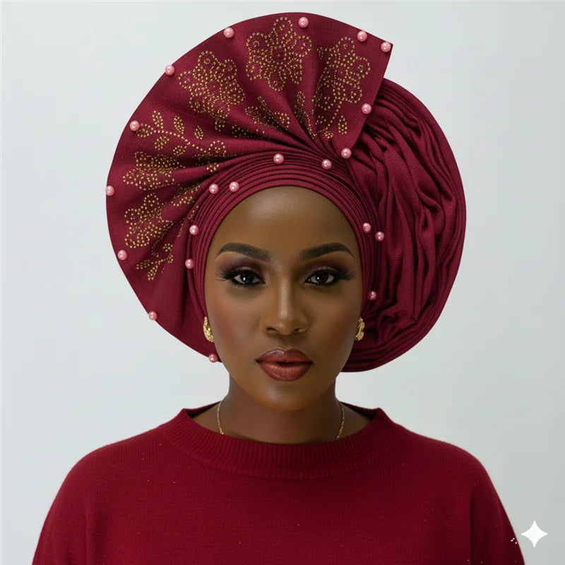 Nigerian gel headgear, with stone bead, already made auto, turban, afro aso ebi gel aso oke, wide brim headgear 7L111802