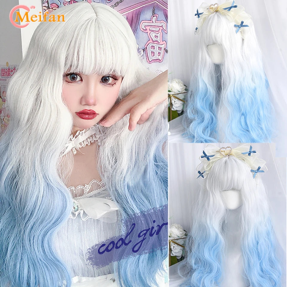 MEIFAN Synthetic Long Straight Lolita Wig with Bang Red Ombre Black Cosplay Party Halloween Christmas Wavy Curly Harajuku Wig