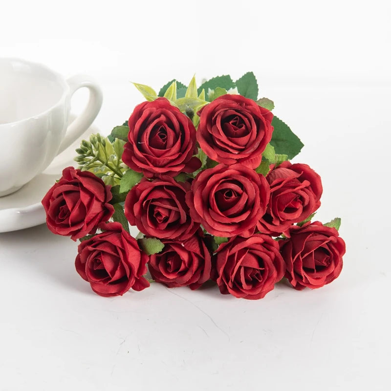 10 Heads Artificial Flowers Scrapbooking Silk Roses Christmas Wedding Party Bouquet Household Products Vases for Home Decoration