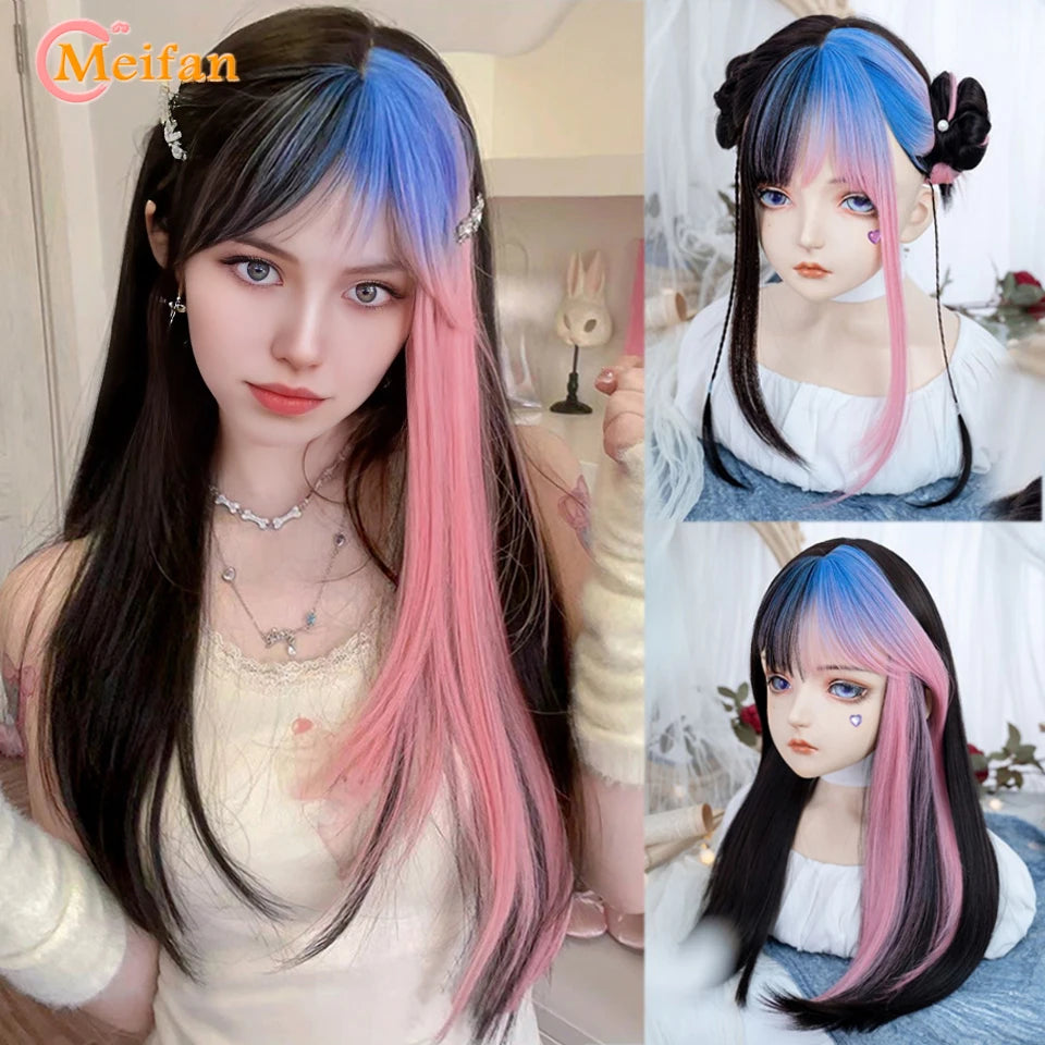 MEIFAN Synthetic Long Straight Lolita Wig with Bang Red Ombre Black Cosplay Party Halloween Christmas Wavy Curly Harajuku Wig