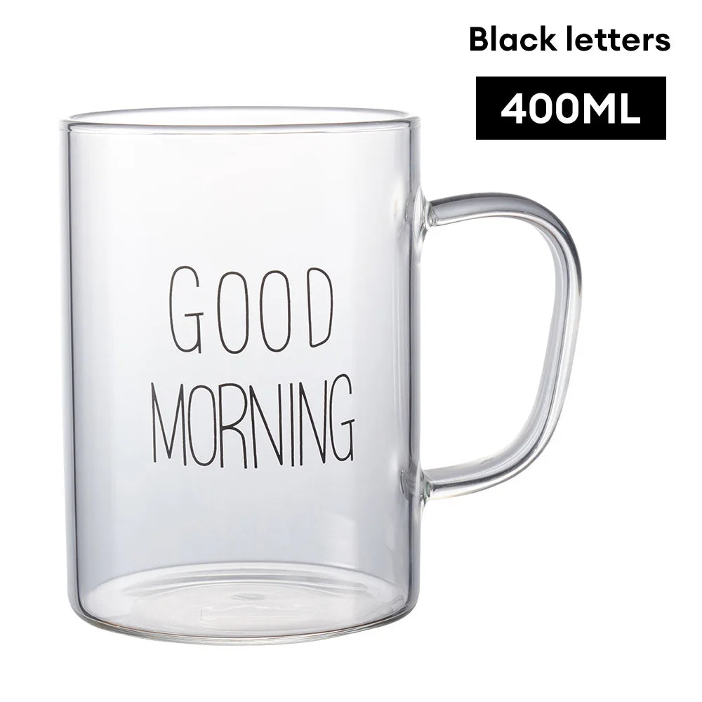 Good Morning Glass Mug Coffee Milk Breakfast Cup Tumbler with Handle Transparent Drinkware Household Gift for Children Set