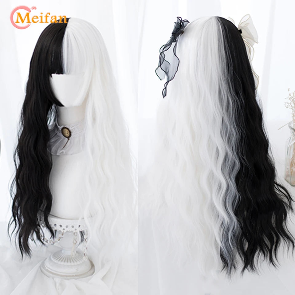 MEIFAN Synthetic Long Straight Lolita Wig with Bang Red Ombre Black Cosplay Party Halloween Christmas Wavy Curly Harajuku Wig