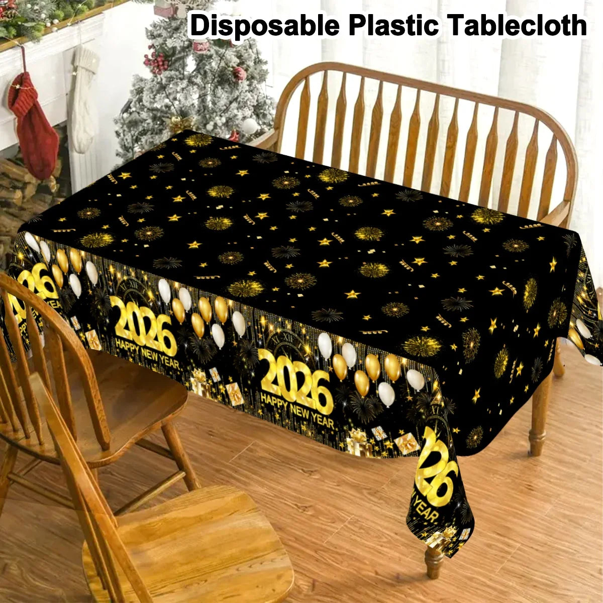2026 Happy New Year Tablecloth Plastic Table Cover Happy New Year Decorations 2026 for Home Kitchen Dinning Room Table Decor