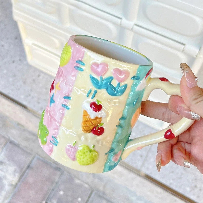 500 ML Large Capacity Coffee Mug Household High Beauty Cute Ceramic Breakfast Milk Cup Creative Relief Water Cups Birthday Gift
