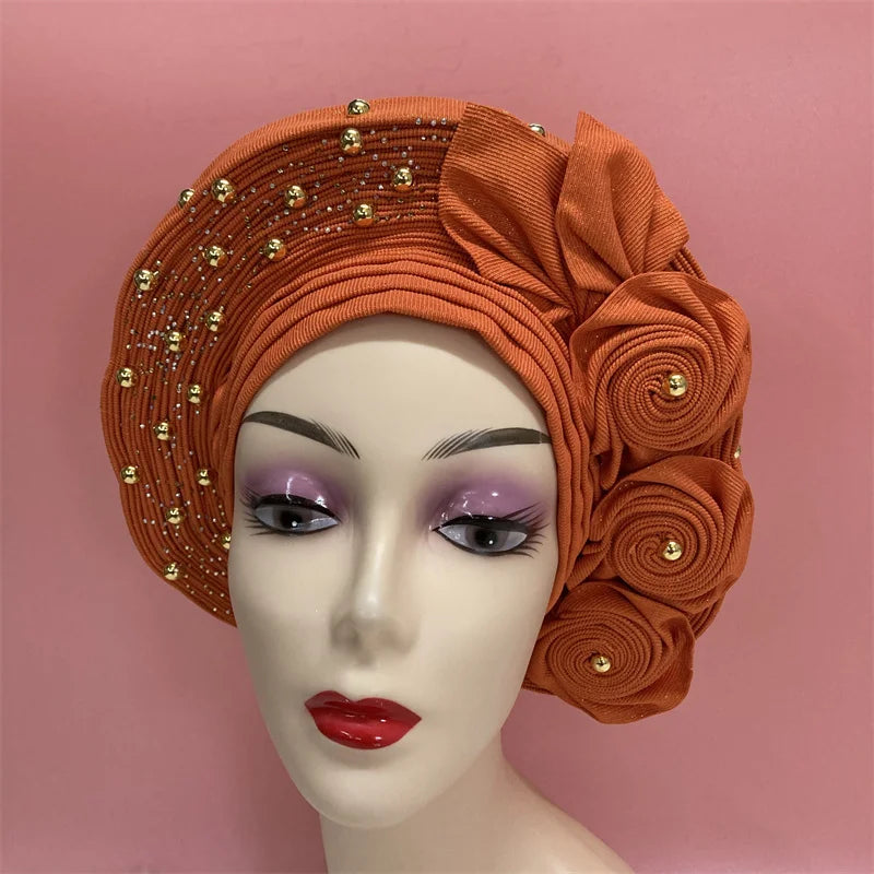 Nigerian gel headgear, with stone bead, already made auto, turban, afro aso ebi gel aso oke, wide brim headgear 7L111802