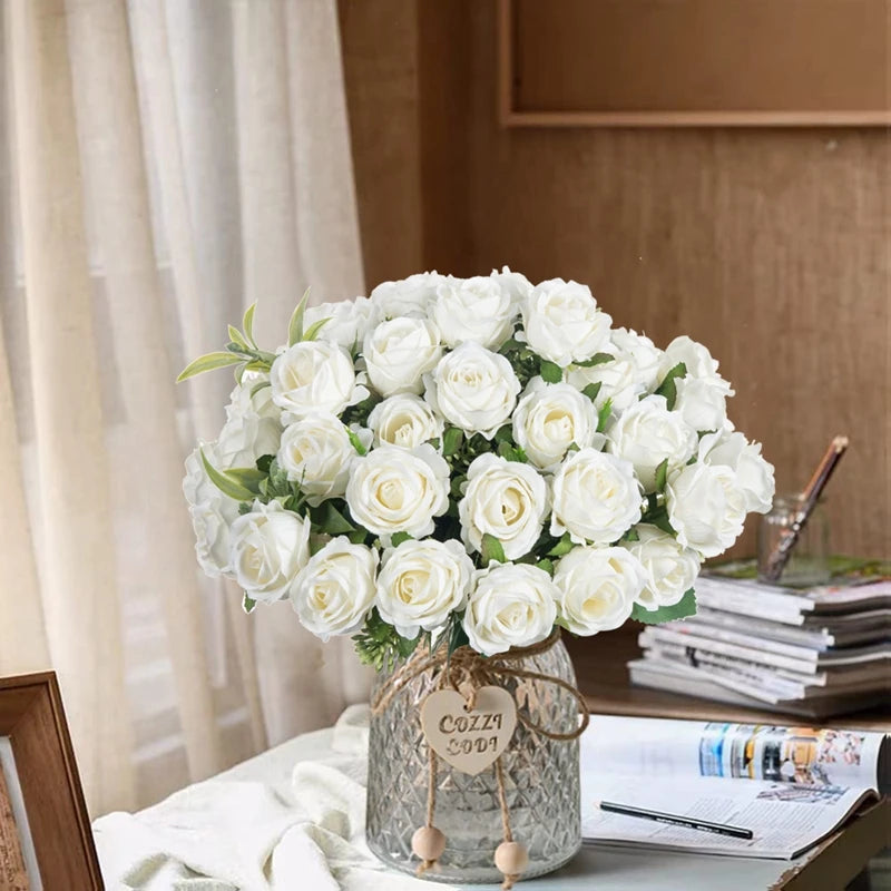 10 Heads Artificial Flowers Scrapbooking Silk Roses Christmas Wedding Party Bouquet Household Products Vases for Home Decoration