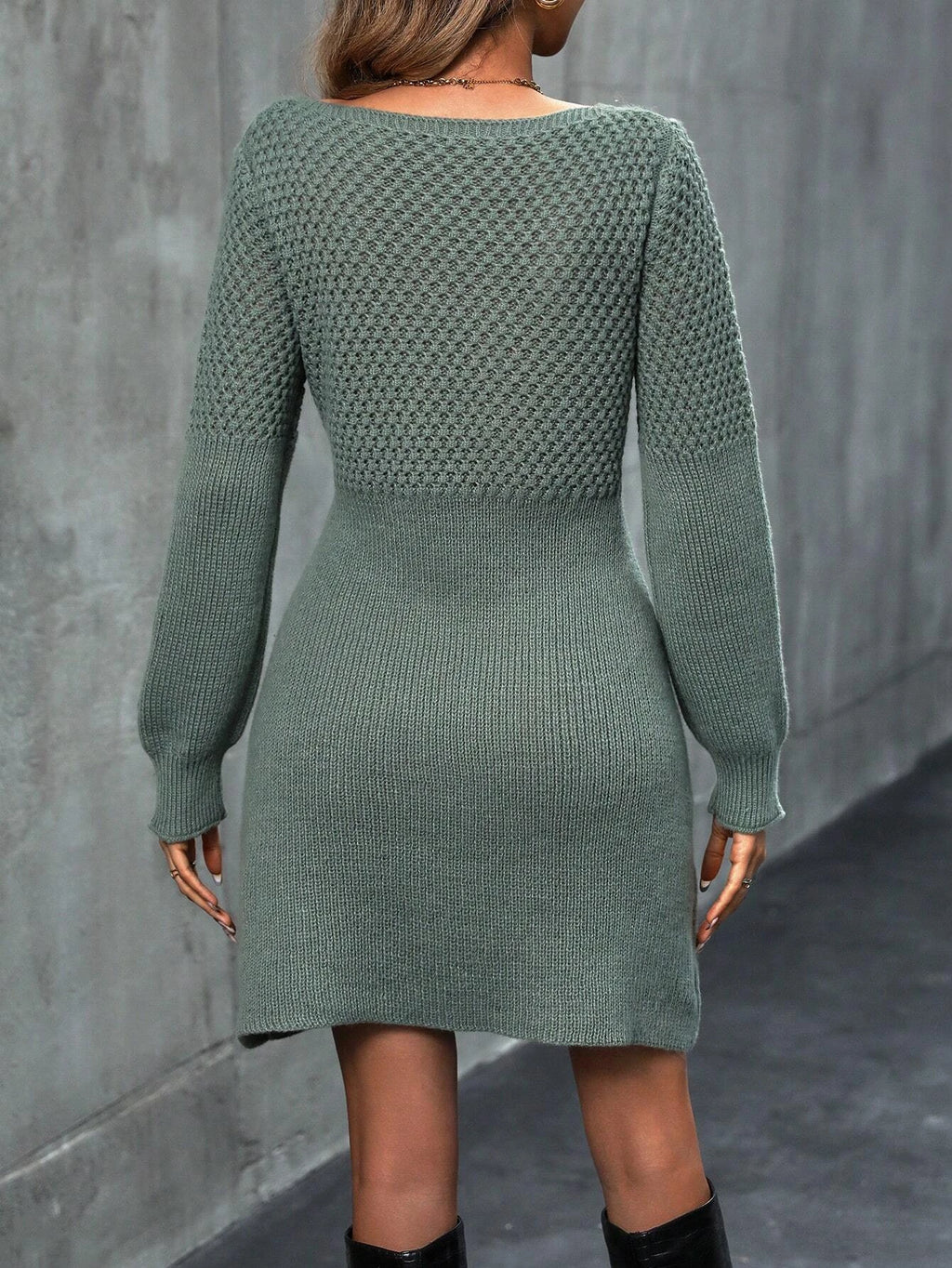 Women's Plain Bishop Sleeve V Neck Sweater Dress, Elegant Long Sleeve A Line Knit Dress for Spring & Fall, Women's Knitwear