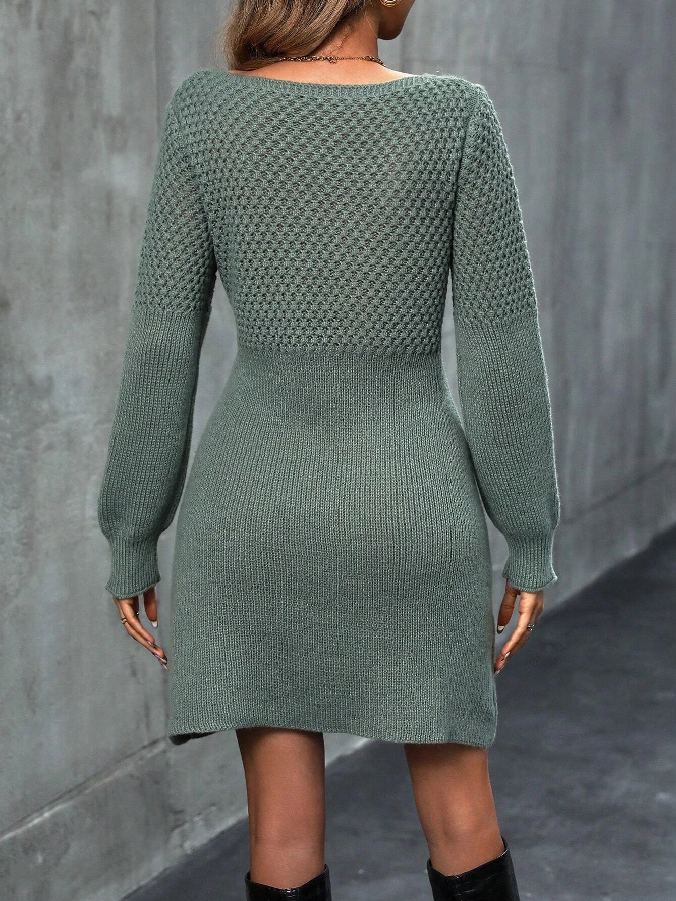 Women's Plain Bishop Sleeve V Neck Sweater Dress, Elegant Long Sleeve A Line Knit Dress for Spring & Fall, Women's Knitwear