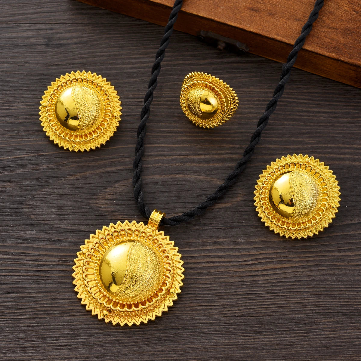Eritrean Ethnic Style Jewelry Set Gold Color Necklace Pendant Ring Earring Ethiopian Bride Traditional Wedding Jewelry Gift #082