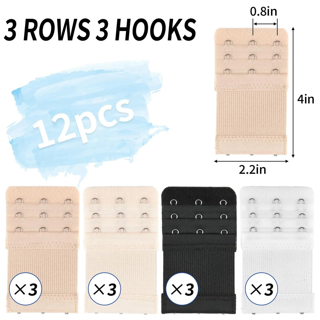 12 bra extenders with 3 hooks, 3 hooks, women's bra extenders, elastic extension straps, enlarged size, soft and comfortable