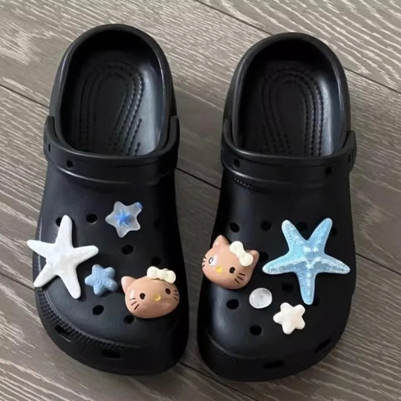 Summer Blue Ocean Theme Beach-Browned Hello Kitty Shoe Charms Starfish Sandal & Clog Decorations Holiday Gift for Women Girls