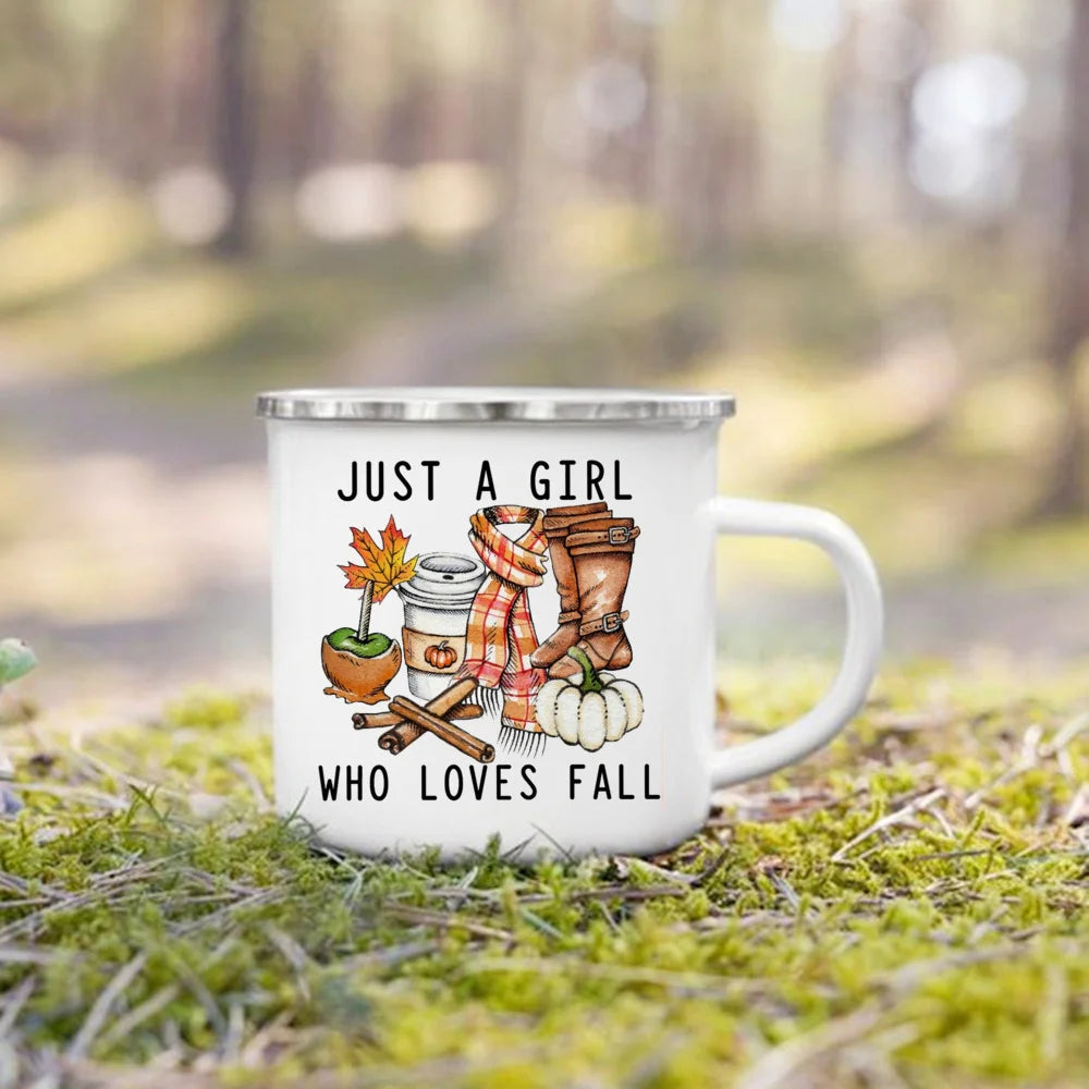 Just A Girl Who Love Fall Printed Creative Enamel Mugs Coffee Cups Holiday Party Wine Juice Handle Mug Best Thanksgiving Gifts