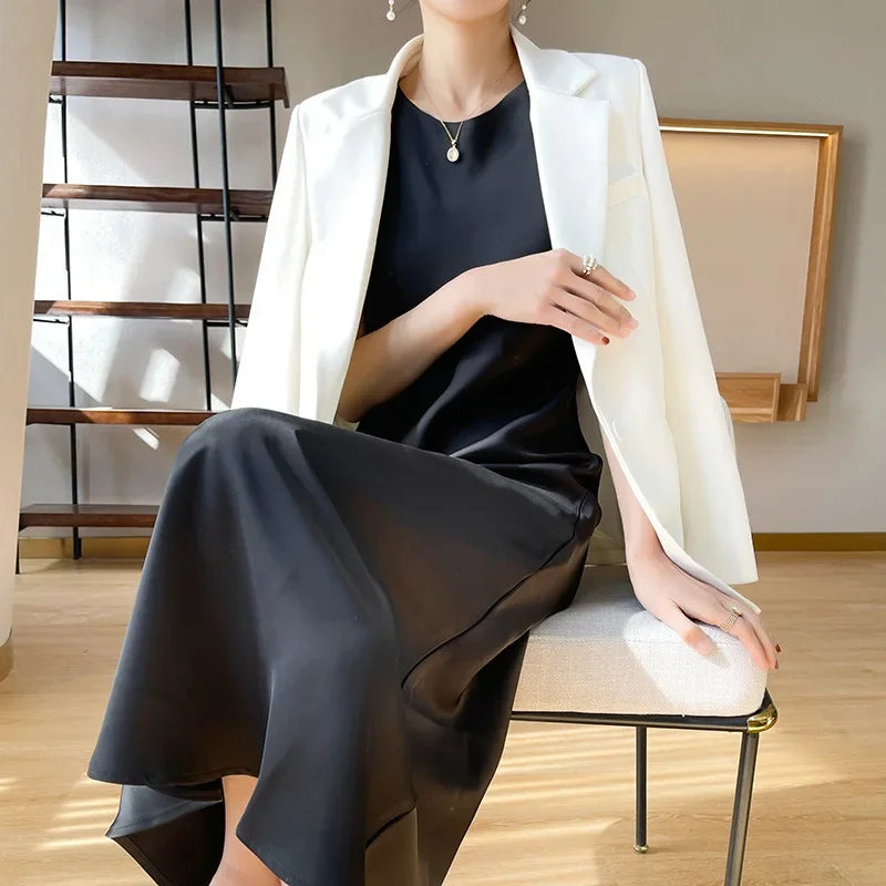 Woman's Long Dress Off Shoulder High Waist Silk Satin A-line Midi Dress O-neck Sleeveless Evening Dresses Robe Femme Sundress