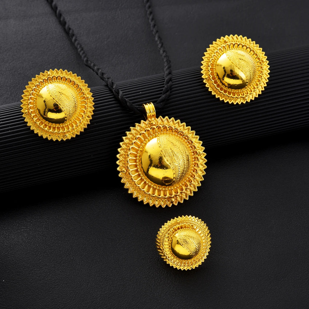 Eritrean Ethnic Style Jewelry Set Gold Color Necklace Pendant Ring Earring Ethiopian Bride Traditional Wedding Jewelry Gift #082