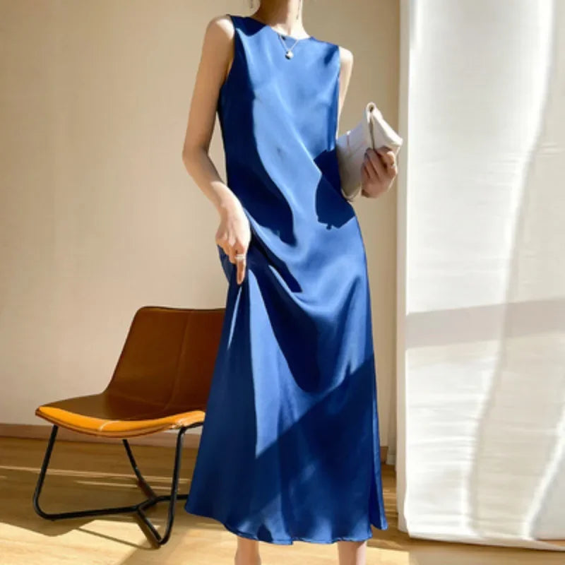Woman's Long Dress Off Shoulder High Waist Silk Satin A-line Midi Dress O-neck Sleeveless Evening Dresses Robe Femme Sundress