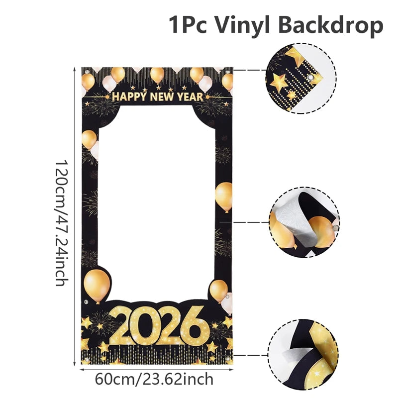 2026 Happy New Year Photo Frame Photo Booth Props Firework Shiny New Year Background Prop Golden Balloon Photography Backdrop