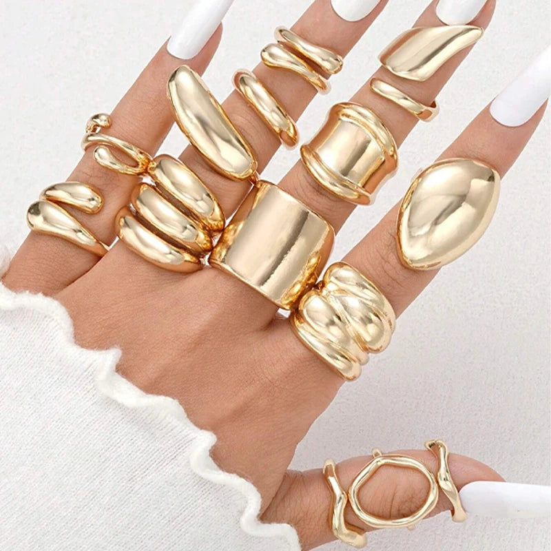 14 Piece Simple Luxury Ring Set for Women Fashion Smooth Wide Face Irregular Geometric Rings Daily Party Wear Jewelry Gifts New