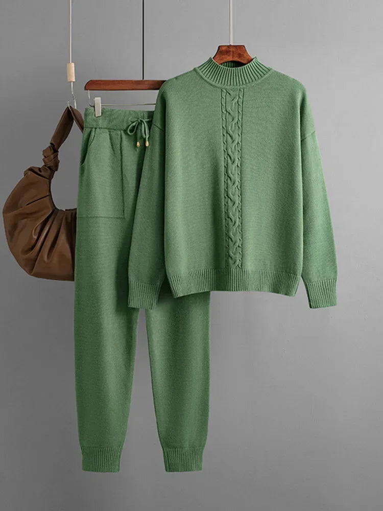 Fall Winter Sweater 2 Piece Sets Women Casual Half Turtleneck Knit Pullover Tops Conjuntos High Waist Harem Pants Suits