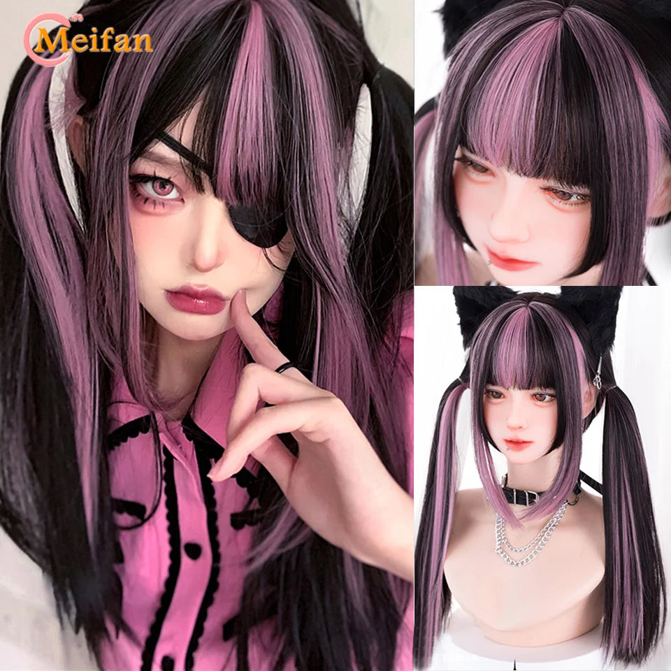 MEIFAN Synthetic Long Straight Lolita Wig with Bang Red Ombre Black Cosplay Party Halloween Christmas Wavy Curly Harajuku Wig