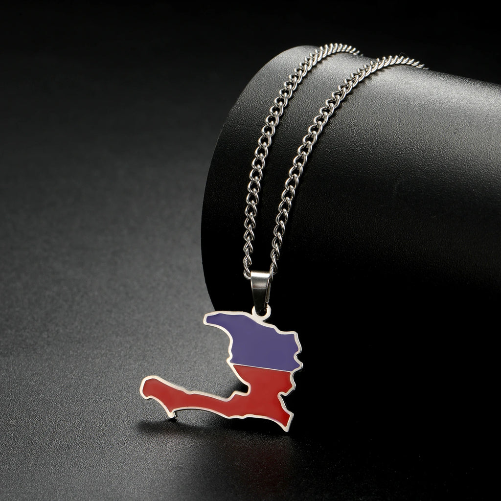 Haiti Map Color of the Haitian Flag Creative Design Pendant Necklace Women Men Stainless Steel Chain Jewelry Birthday Gift