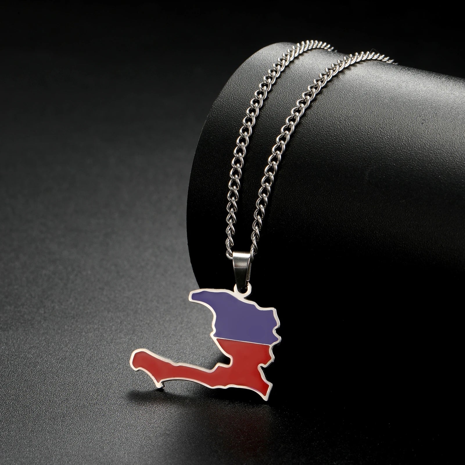 Haiti Map Color of the Haitian Flag Creative Design Pendant Necklace Women Men Stainless Steel Chain Jewelry Birthday Gift