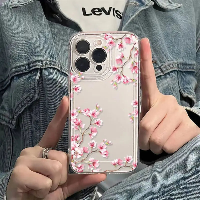 Cherry Blossom Phone Cases For iPhone 16 15 14 13 12 11 Pro Max XR 8 7 Plus 13 12 Mini Soft Transparent Cover