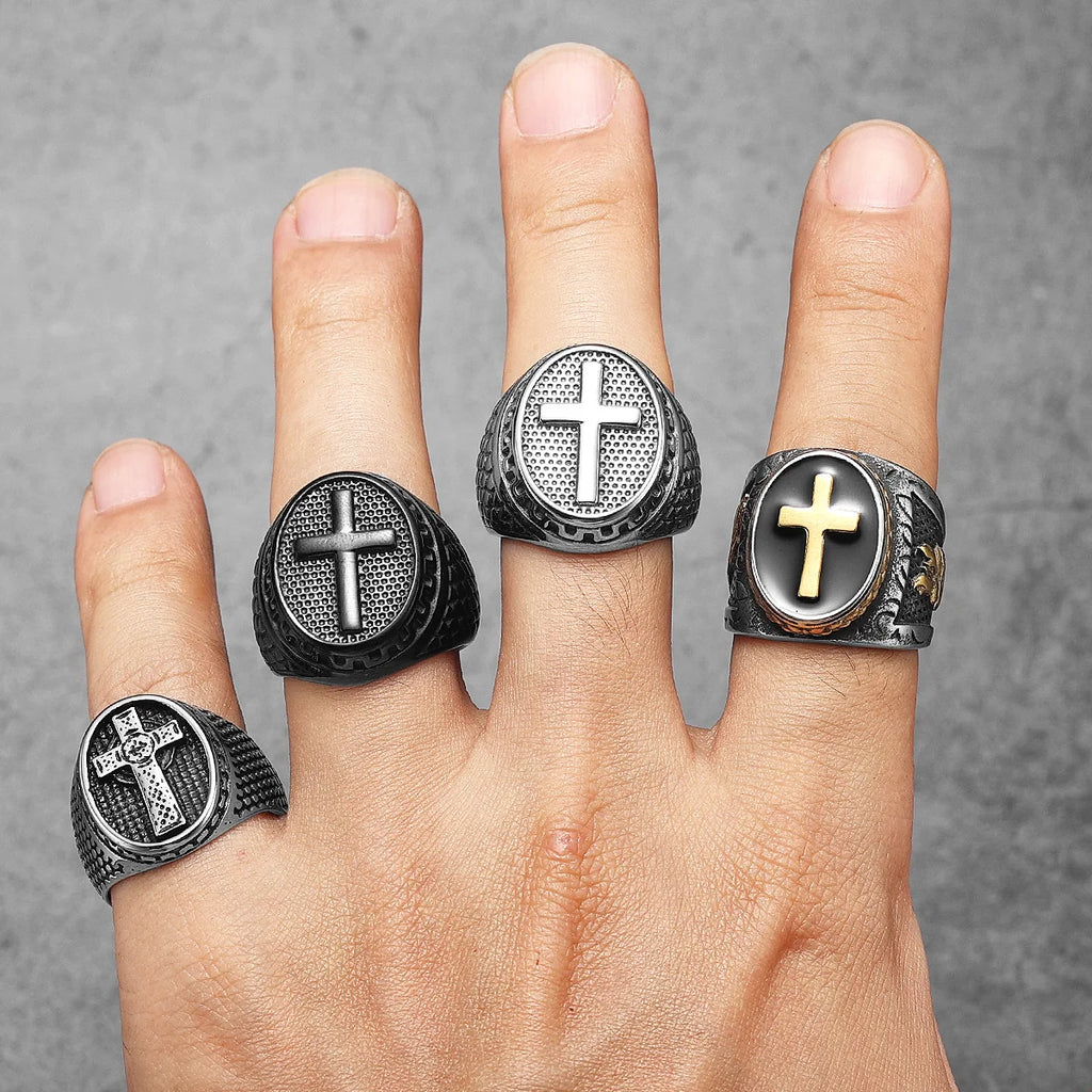 Christian Cross Black Religon Men Rings Stainless Steel Punk Cool Stuff Fashion Accessories Jewelry For Women Gift Wholesale