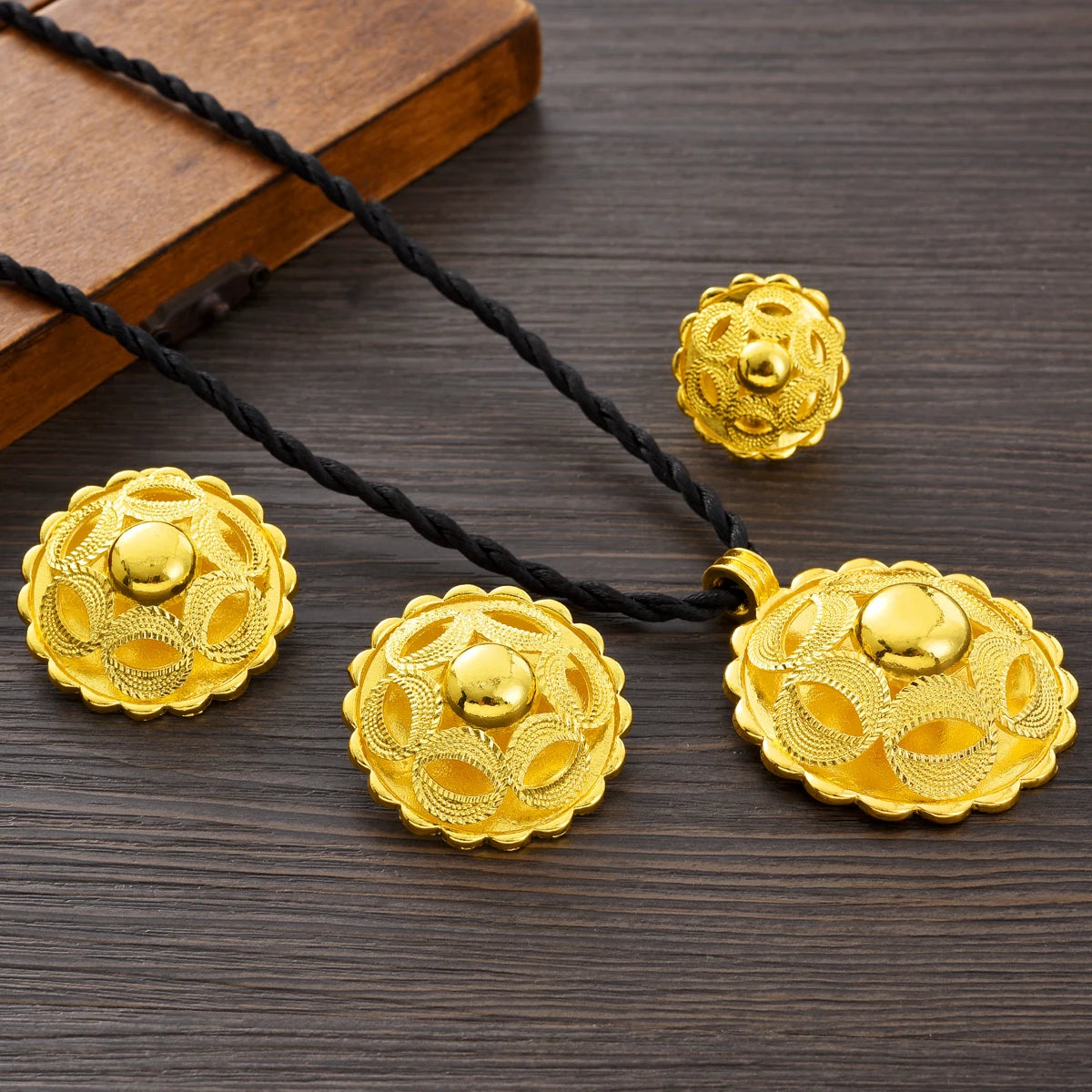 Eritrean Ethnic Style Jewelry Set Gold Color Necklace Pendant Ring Earring  Ethiopian Bride Traditional Wedding Jewelry Gift