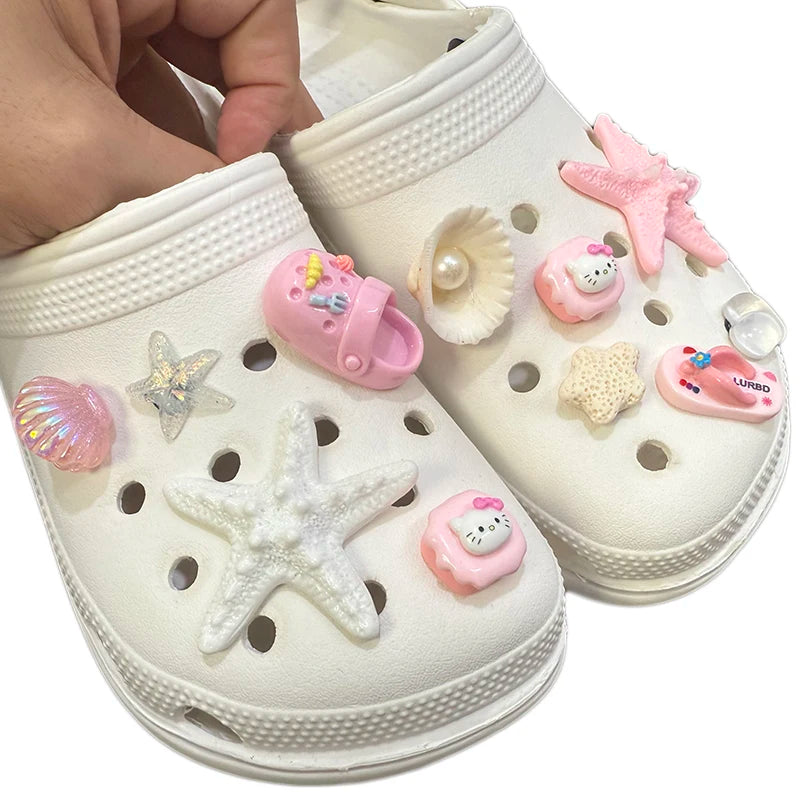 Summer Blue Ocean Theme Beach-Browned Hello Kitty Shoe Charms Starfish Sandal & Clog Decorations Holiday Gift for Women Girls