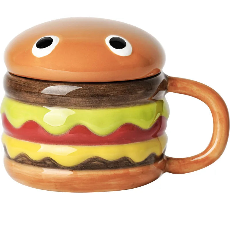 300ML Coffee Mugs Creative Hamburger Shaped Water Cup with Lid Cute and Cute Breakfast Cup Large Capacity Ceramic Hamburger Mug