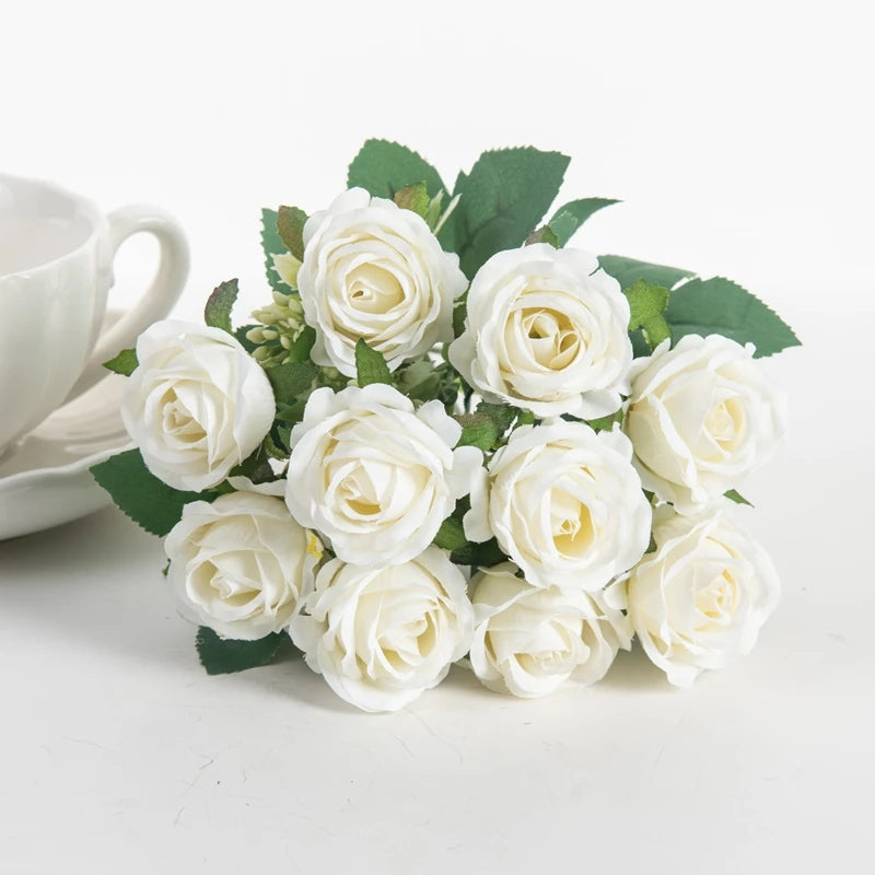 10 Heads Artificial Flowers Scrapbooking Silk Roses Christmas Wedding Party Bouquet Household Products Vases for Home Decoration