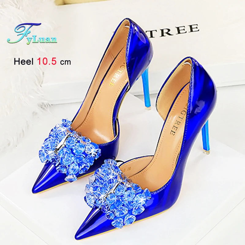 Blue Green Red Heels 10.5cm Women's Shoes Side Hollowed Out Heels Shallow Mouth Lady Pumps Rhinestone Bow Stiletto Banquet Shoes