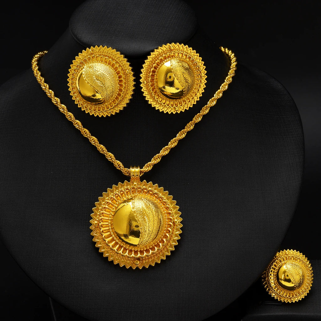 Eritrean Ethnic Style Jewelry Set Gold Color Necklace Pendant Ring Earring Ethiopian Bride Traditional Wedding Jewelry Gift #082