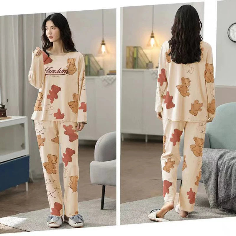 Fall and Winter Women's Suit Pajamas Long-Sleeved Long Pants Homewear Two-Piece Set Ladies Cartoon Pattern Sleepwear Loungewear
