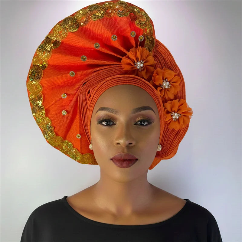 Nigerian gel headgear, with stone bead, already made auto, turban, afro aso ebi gel aso oke, wide brim headgear 7L111802