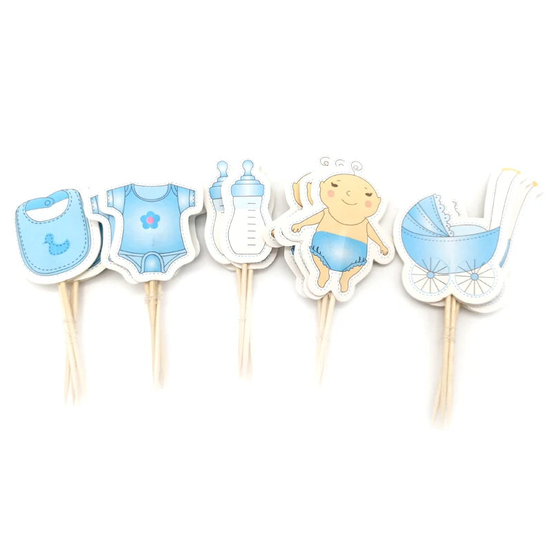 24pcs/lot Baby Shower Decorate Birthday Party Kids Favors Baby Clothes Carriage Bottle Boy Girl Cupcake Cake Toppers With Sticks