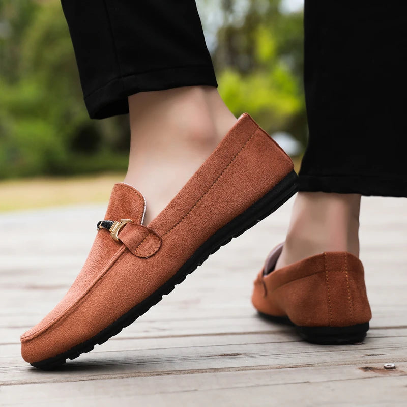 Spring Summer Blue Suede Loafers Men Slip On Soft Moccasins Breathable Flats Driving Shoes Men Leather Casual Shoes Handmade