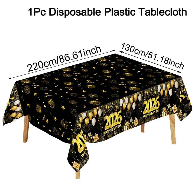 2026 Happy New Year Tablecloth Plastic Table Cover Happy New Year Decorations 2026 for Home Kitchen Dinning Room Table Decor