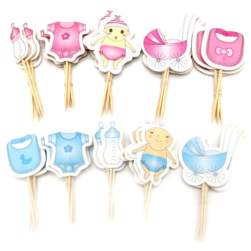 24pcs/lot Baby Shower Decorate Birthday Party Kids Favors Baby Clothes Carriage Bottle Boy Girl Cupcake Cake Toppers With Sticks