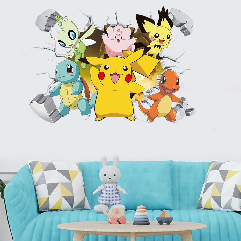 Potdemiel Cartoon Pikachu Wall Stickers For Kid's Room Kindergarten Living Room Bedroom DIY Wall Decoration Poster Bedroom Decor