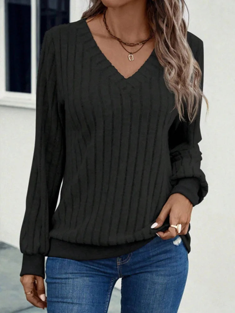 Sweater fashion with spring new women's V-neck knitted wool pit strip solid color long sleeve top