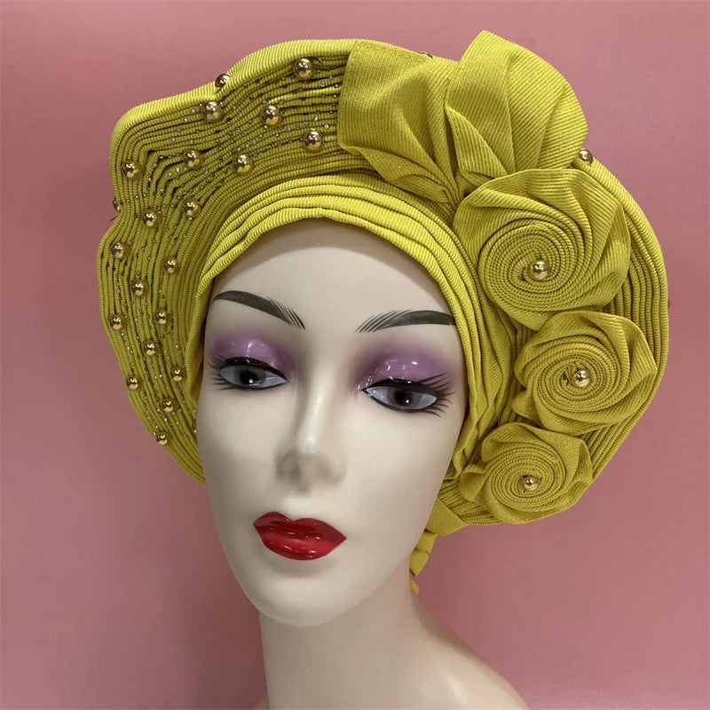 Nigerian gel headgear, with stone bead, already made auto, turban, afro aso ebi gel aso oke, wide brim headgear 7L111802
