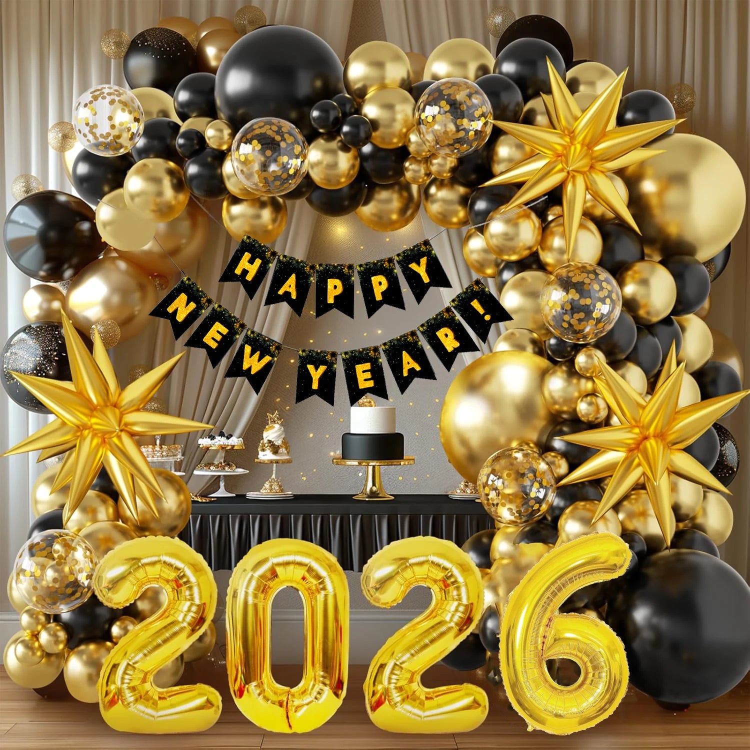 121Pcs 2026 NYE Balloon Arch Kit - Black Gold Balloons & Banner for New Year Party Decorations