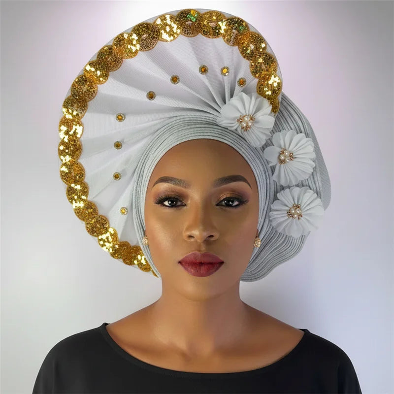 Nigerian gel headgear, with stone bead, already made auto, turban, afro aso ebi gel aso oke, wide brim headgear 7L111802
