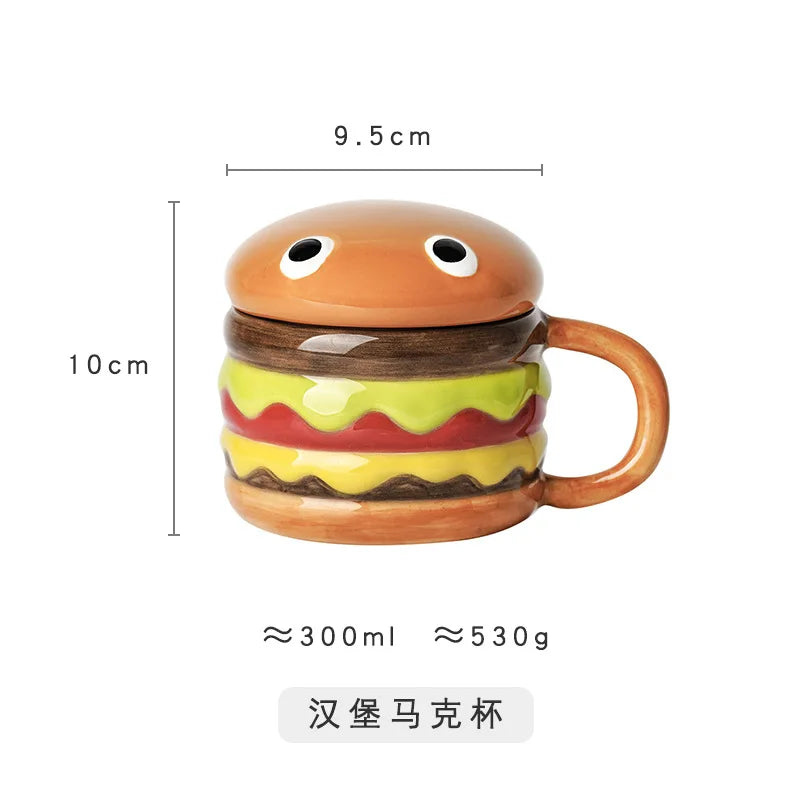 300ML Coffee Mugs Creative Hamburger Shaped Water Cup with Lid Cute and Cute Breakfast Cup Large Capacity Ceramic Hamburger Mug